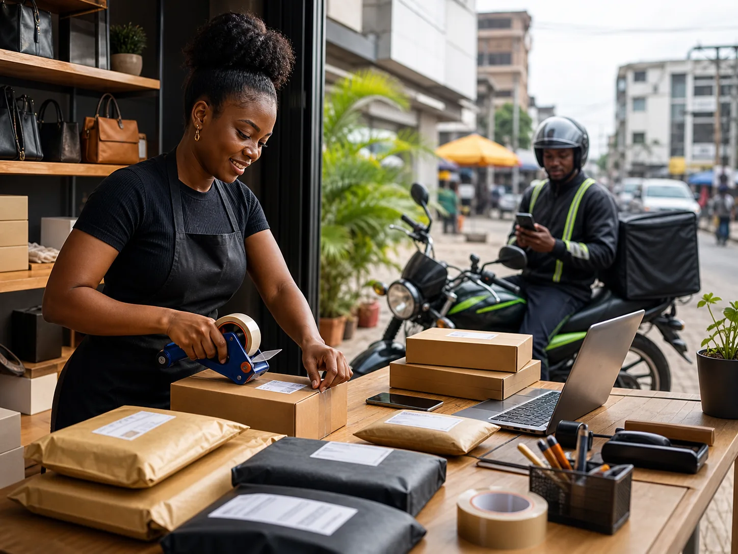 Nigerian ecommerce vendor packing parcels for delivery