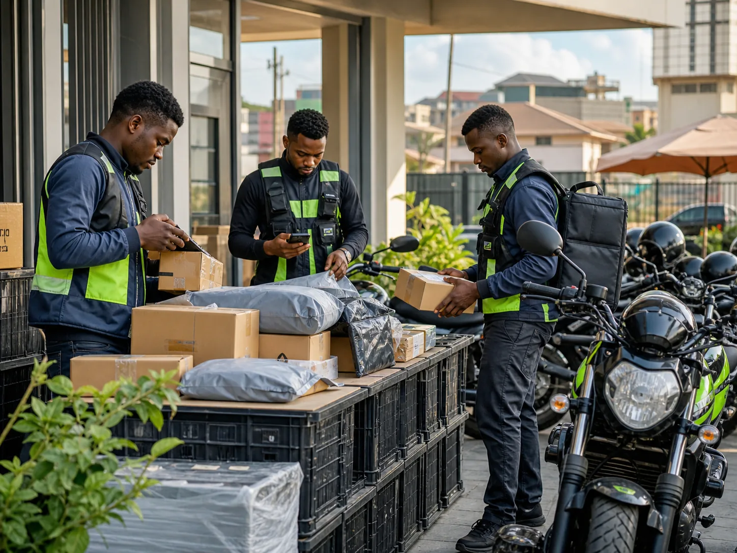 Dispatch riders organizing grouped parcels at a Lagos logistics point