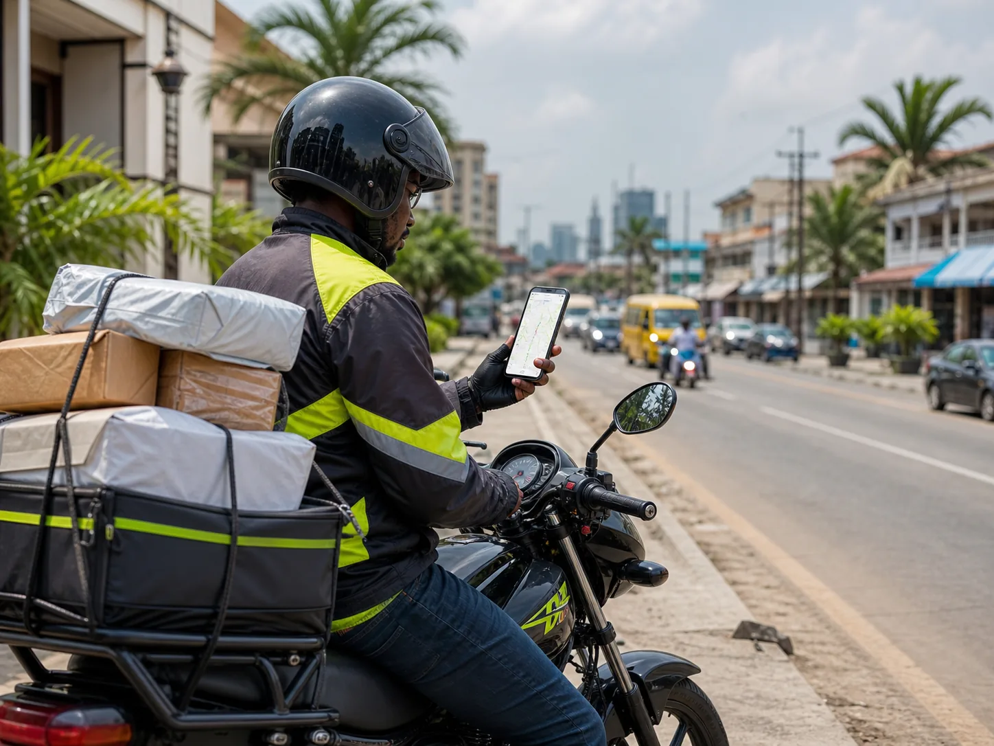 Dispatch rider checking a route with grouped parcels on a motorbike